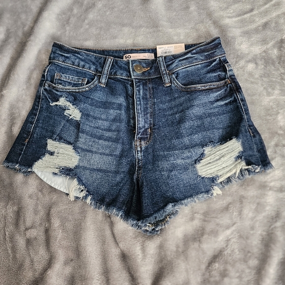 SO Pants - So jrs cuttoff super high rise jean denim shorts distressed sz 3 /26 5 /27 nwt